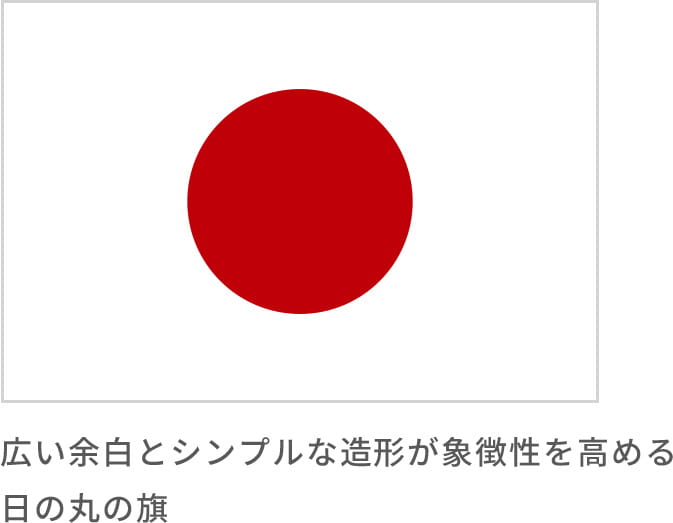 広い余白とシンプルな造形が象徴性を高める日の丸の旗